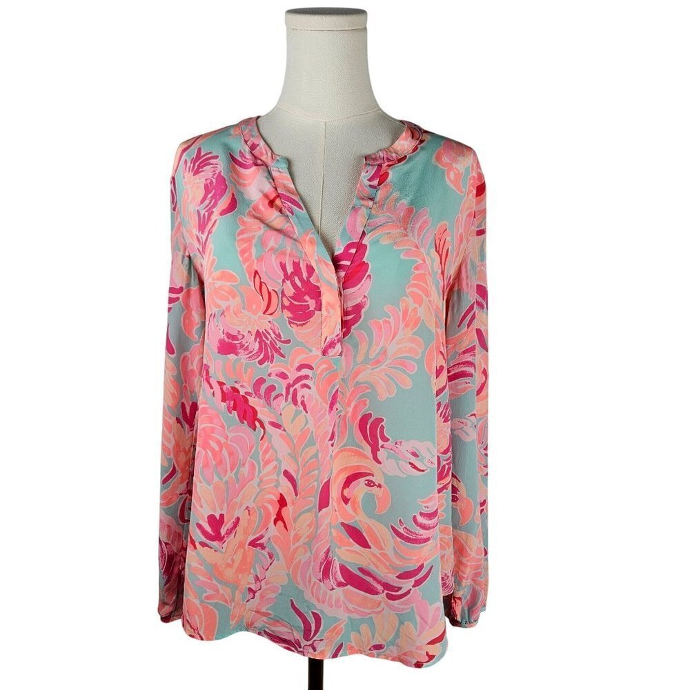 Lilly Pulitzer Stacey Silk Top Blouse Small Long Sleeve Pink Blue